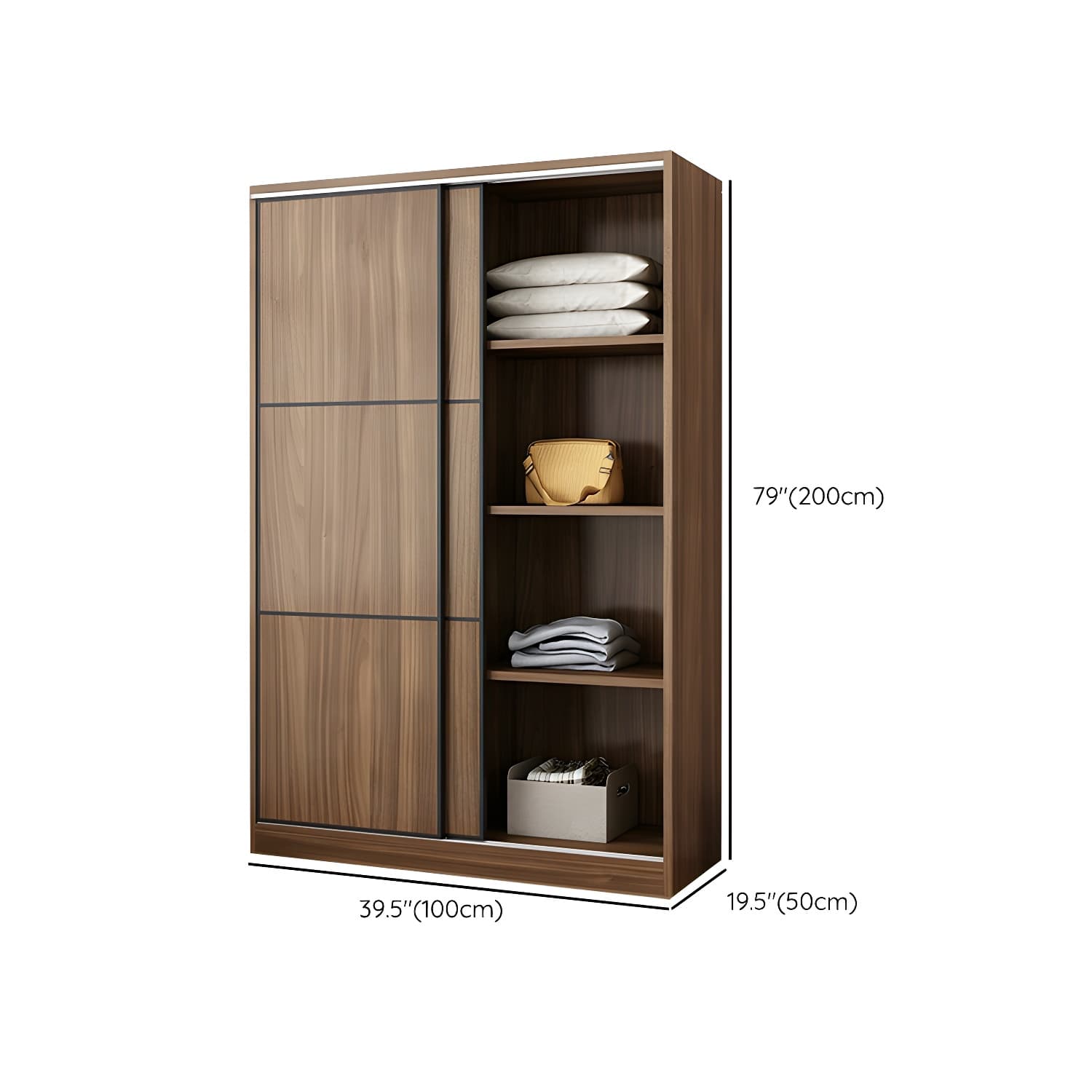 Non-Adjustable Traditional Brown Wood Wardrobe Armoire with Sliding Doors & Soft Close Drawers thumbnail 9