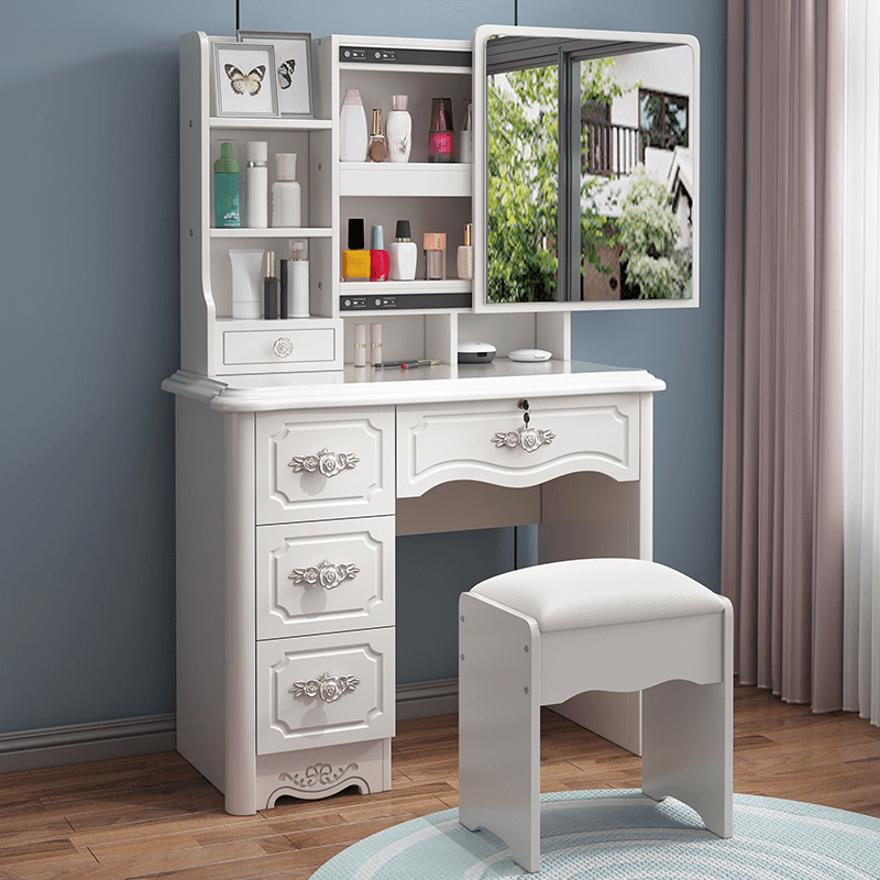 Simple Reclaimed Wood Vanity Set with White Chair, Drawers, and Push-Pull Mirror