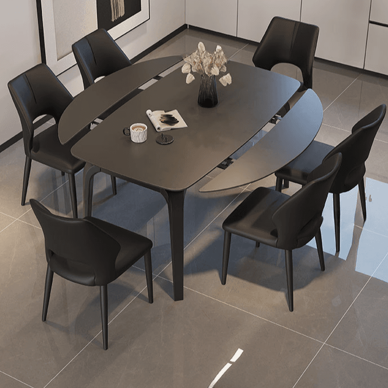 Dining Table Set with Slate Stone Top, Fold-away Leaf, Padded Chair with Back for 6 People in Midnight Black thumbnail 3