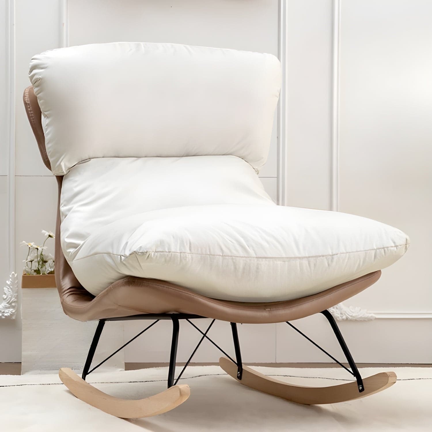 Scandinavian Indoor Upholstered Rocking Chair with Track Arms and Natural Wood Legs thumbnail 4