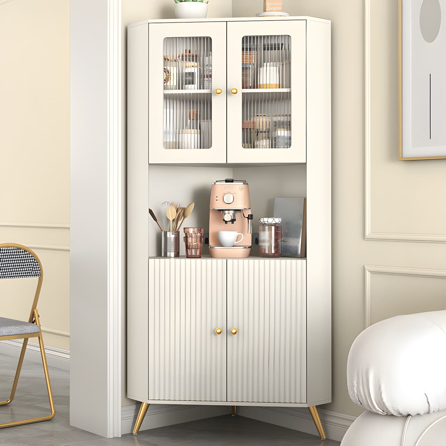 Modern Corner Accent Cabinet with White Wood Countertop, Glass Doors, and Gold Metal Base thumbnail 2