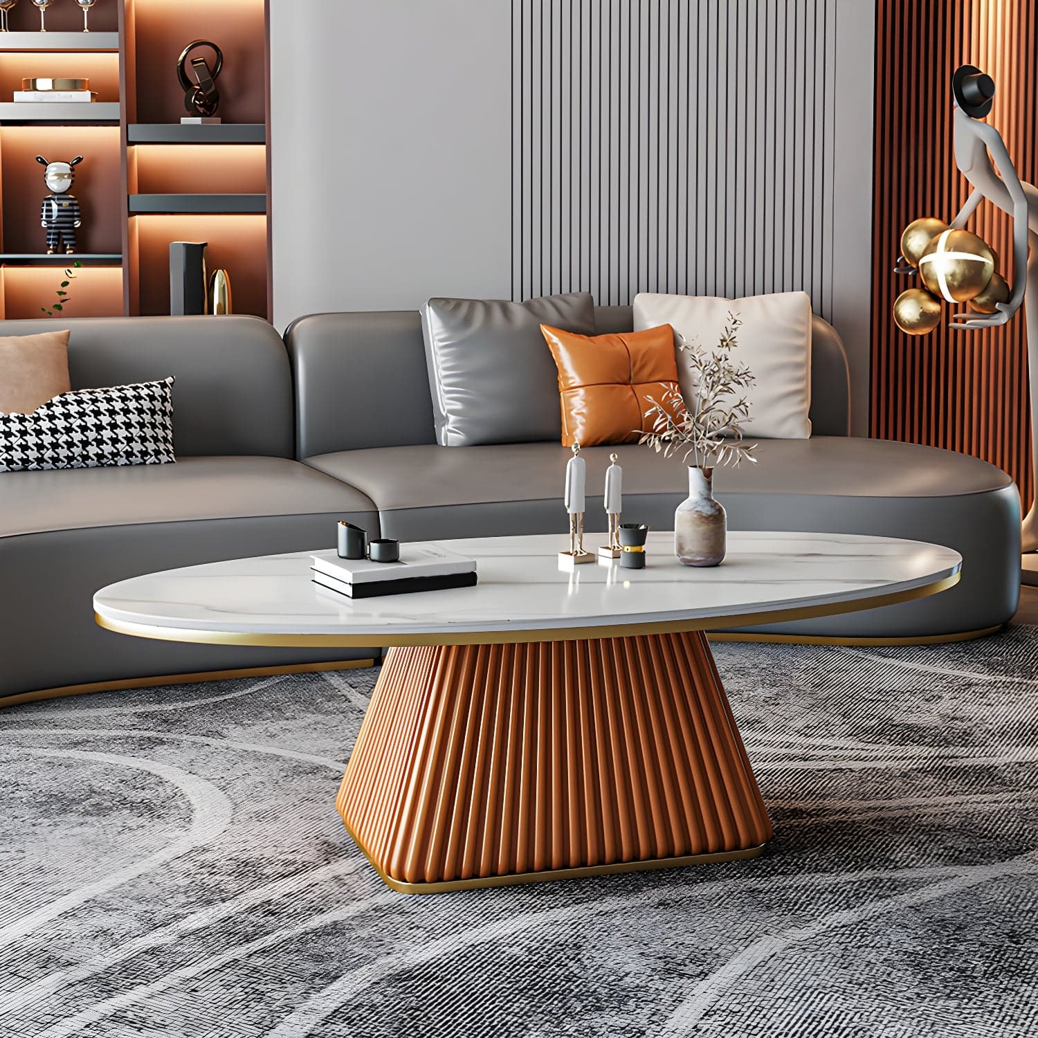Elliptical Stone Coffee Table Pedestal 1 Single Cocktail Table - 17.72" H thumbnail 2
