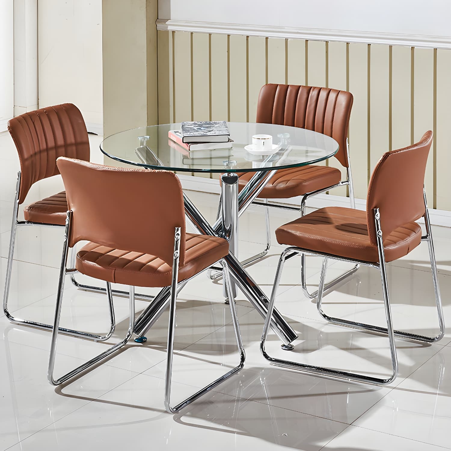 Modern Glass Round Dining Set with Three-Leg Metal Base - Clear, 36-inch Table thumbnail 14