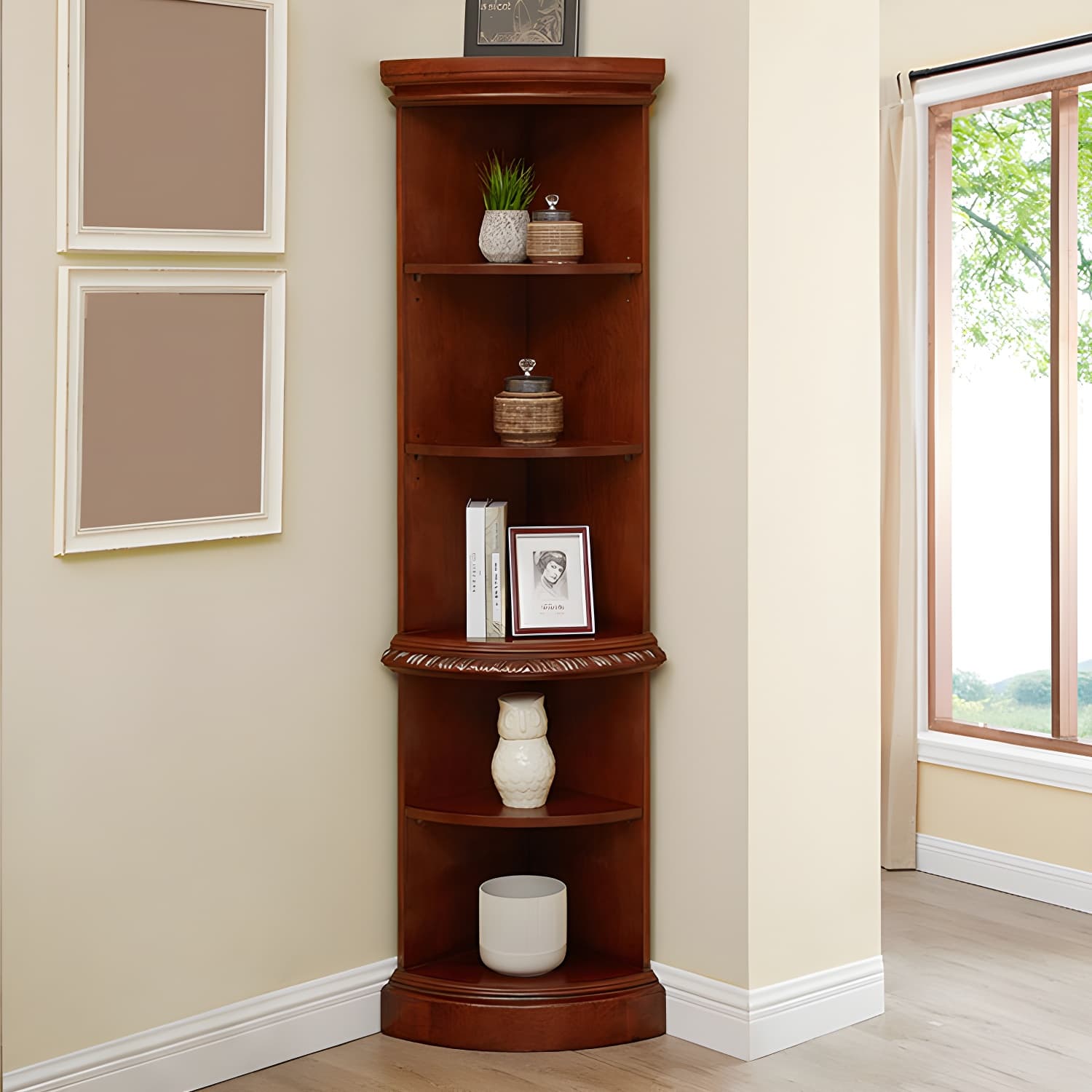 Solid Wood Triangle Corner Cabinet in Rubber Wood with Storage Shelves thumbnail 6