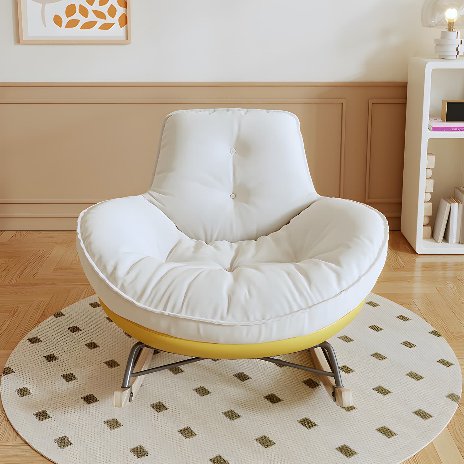Indoor Contemporary Rocking Chair with Beige Upholstered and Wood Legs thumbnail 7