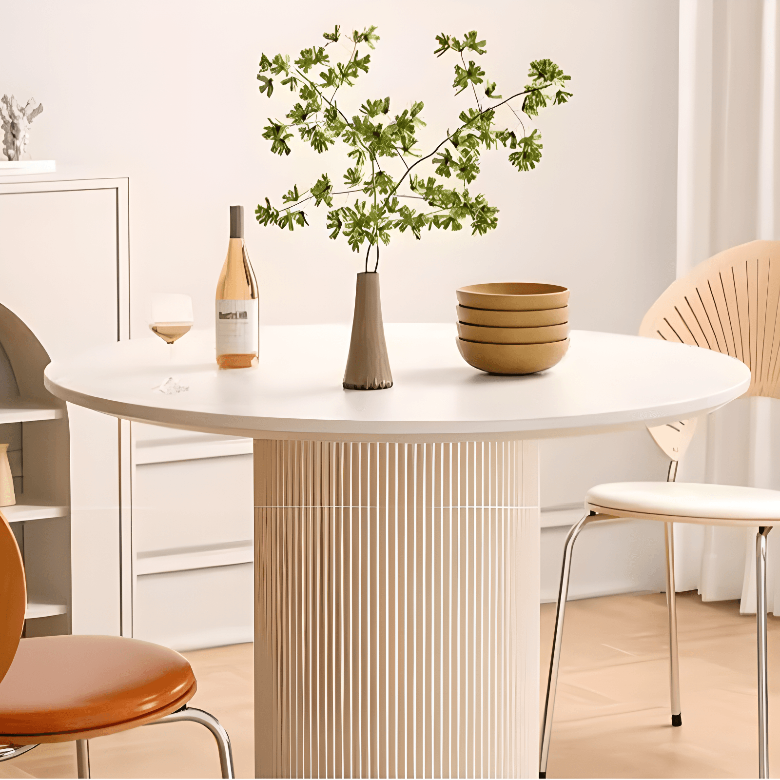 Minimalist Sintered Stone Rounded Fixed Dining Table with Single Ribbed Leg for 2 People/for 4 thumbnail 7