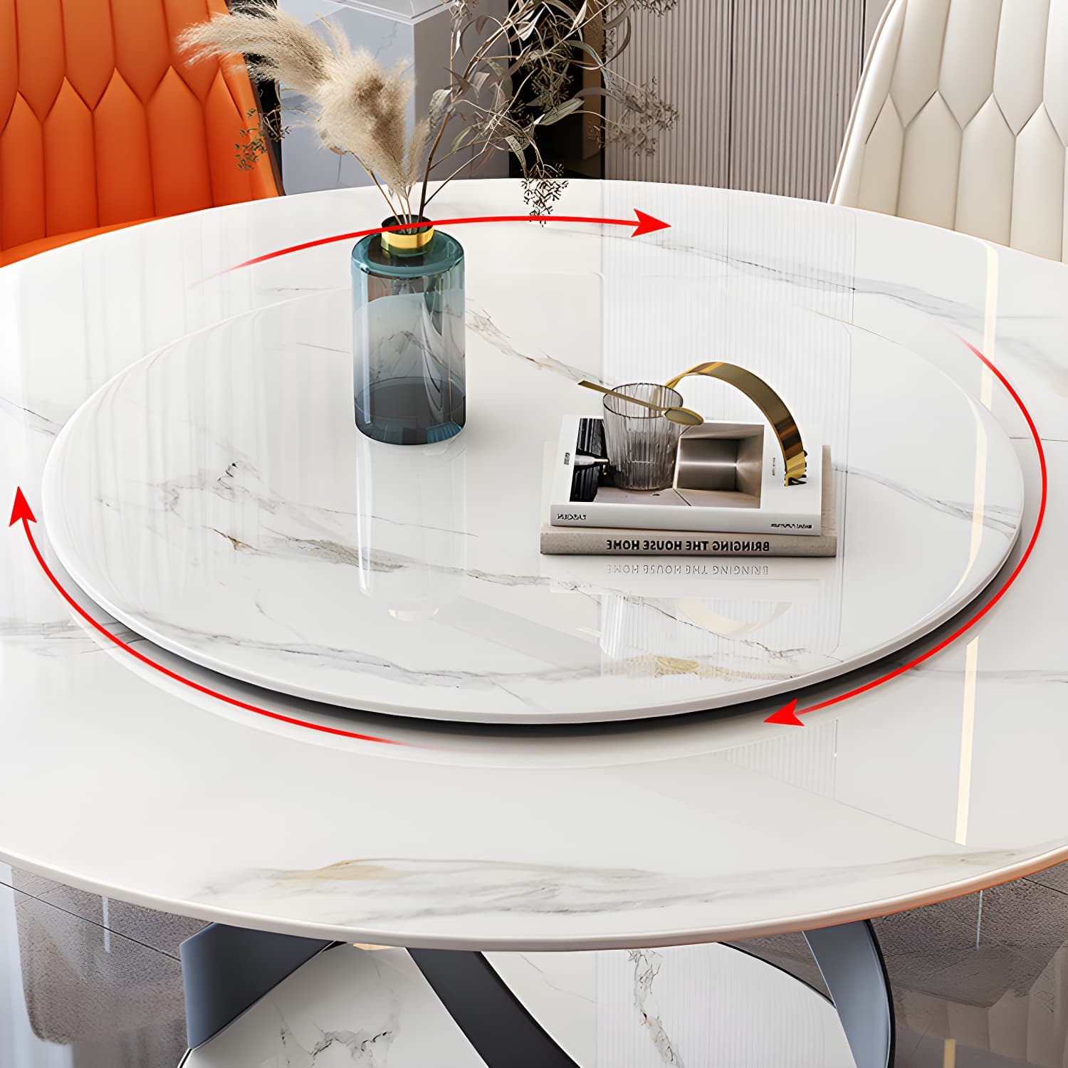 Modern Round Stone Top Lazy Susan Dining Table with Black Steel Pedestal thumbnail 10