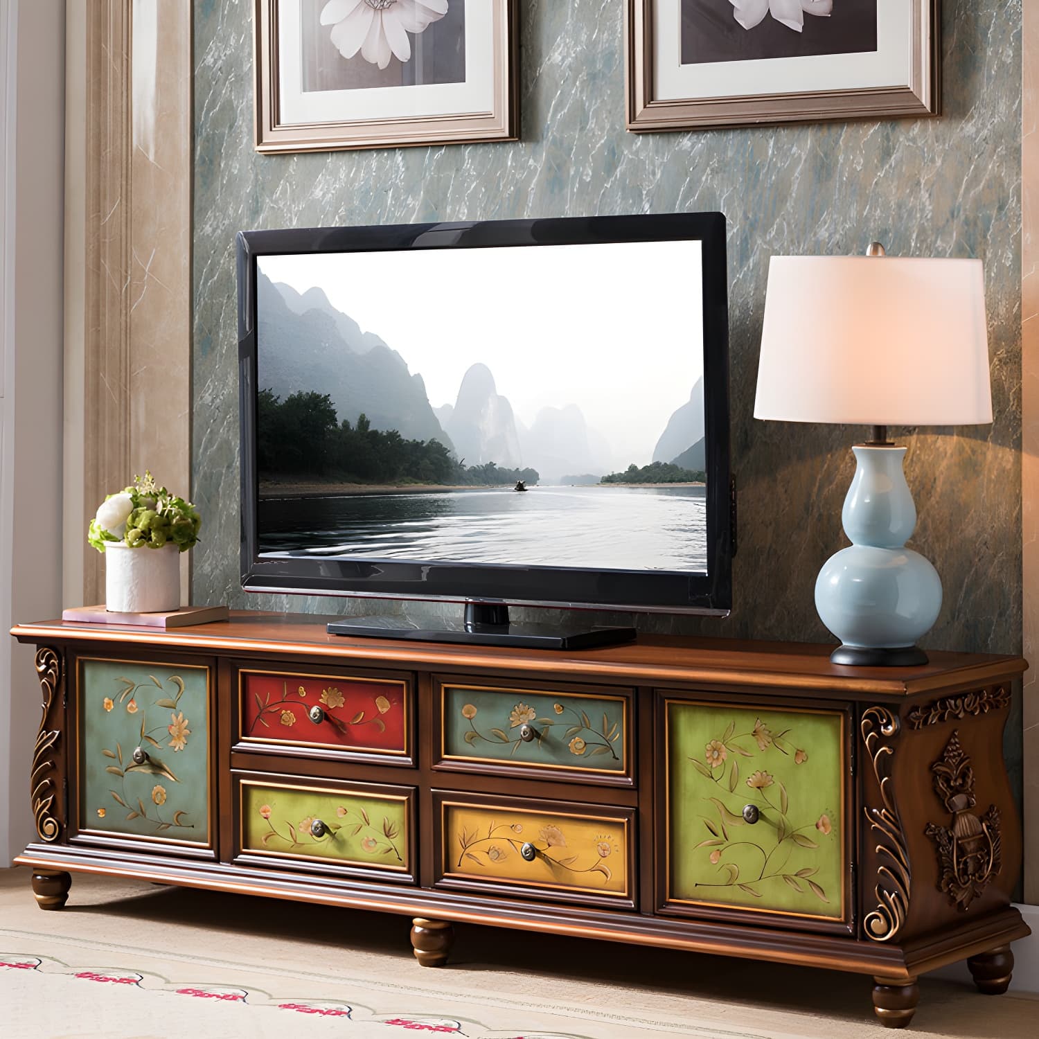 Traditional Rubberwood Media Console Matte Finish TV Media Stand with Drawers thumbnail 6