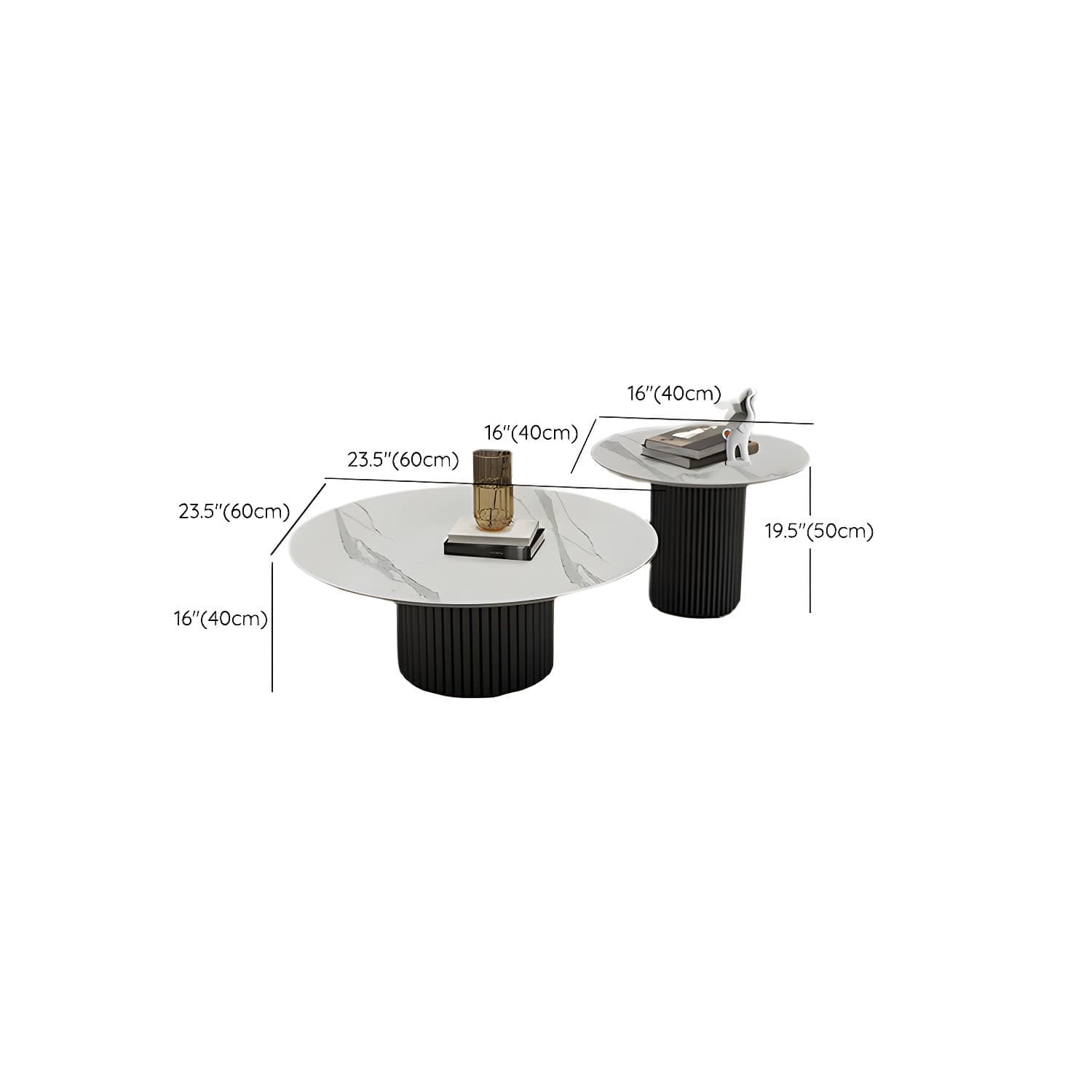 Set of Two Modern Round Black Coffee Tables with White Stone Tops and Iron Pedestal Bases thumbnail 17