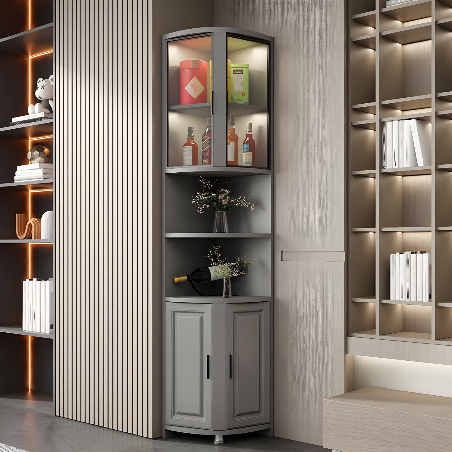 Modern Grey Corner Accent Cabinet with Glass Doors and 8 Interior Shelves thumbnail 1