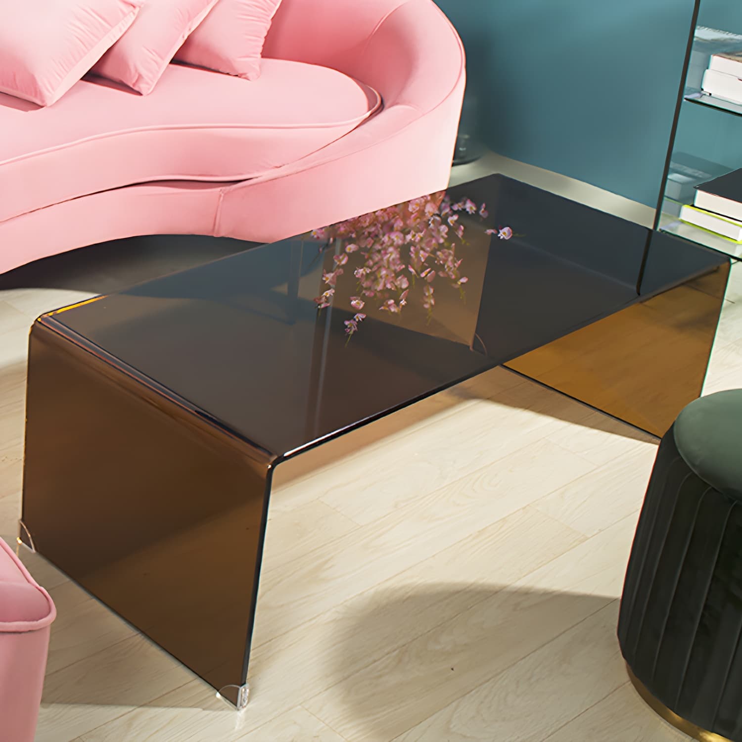 Brown Glass Sled Coffee Table Modern Rectangular 1 Single Cocktail Table thumbnail 4