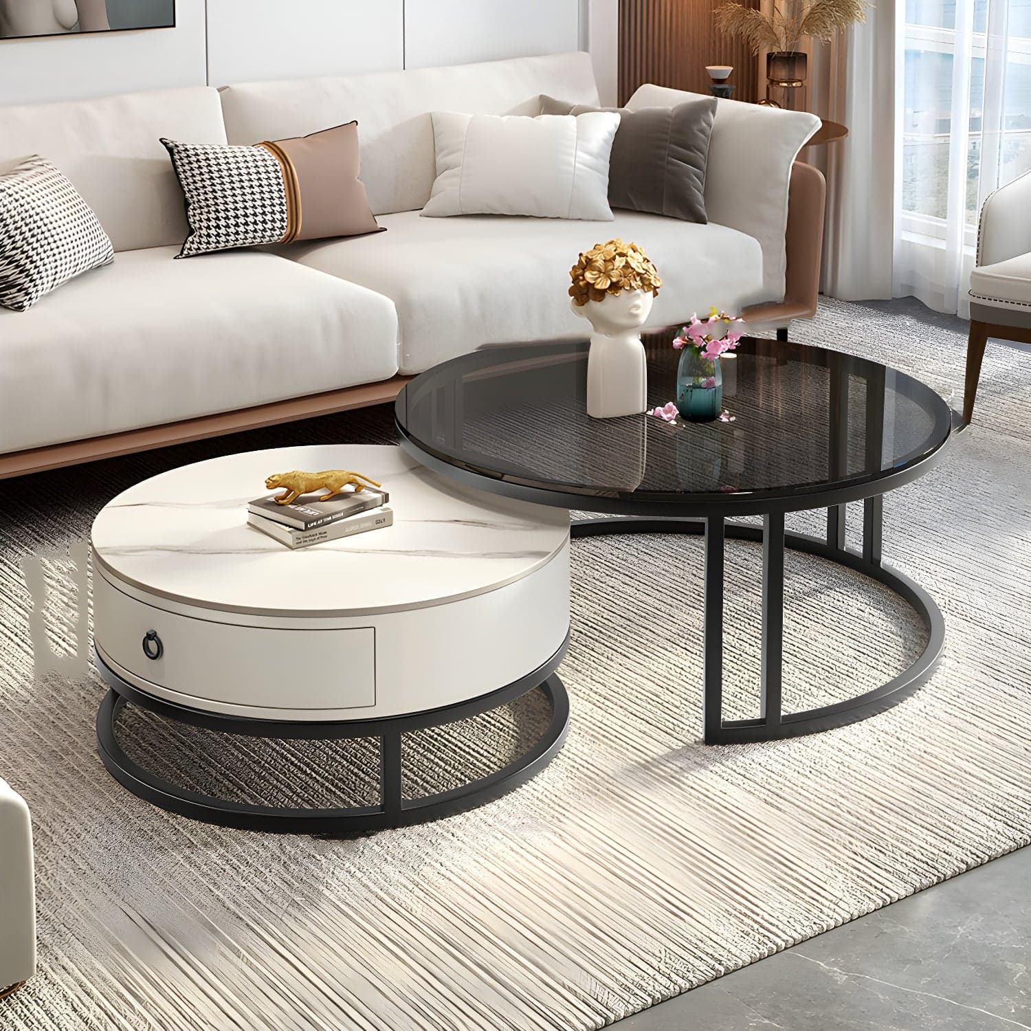 Modern Glass Coffee Cocktail Table Round Nesting Coffee Table Set thumbnail 3