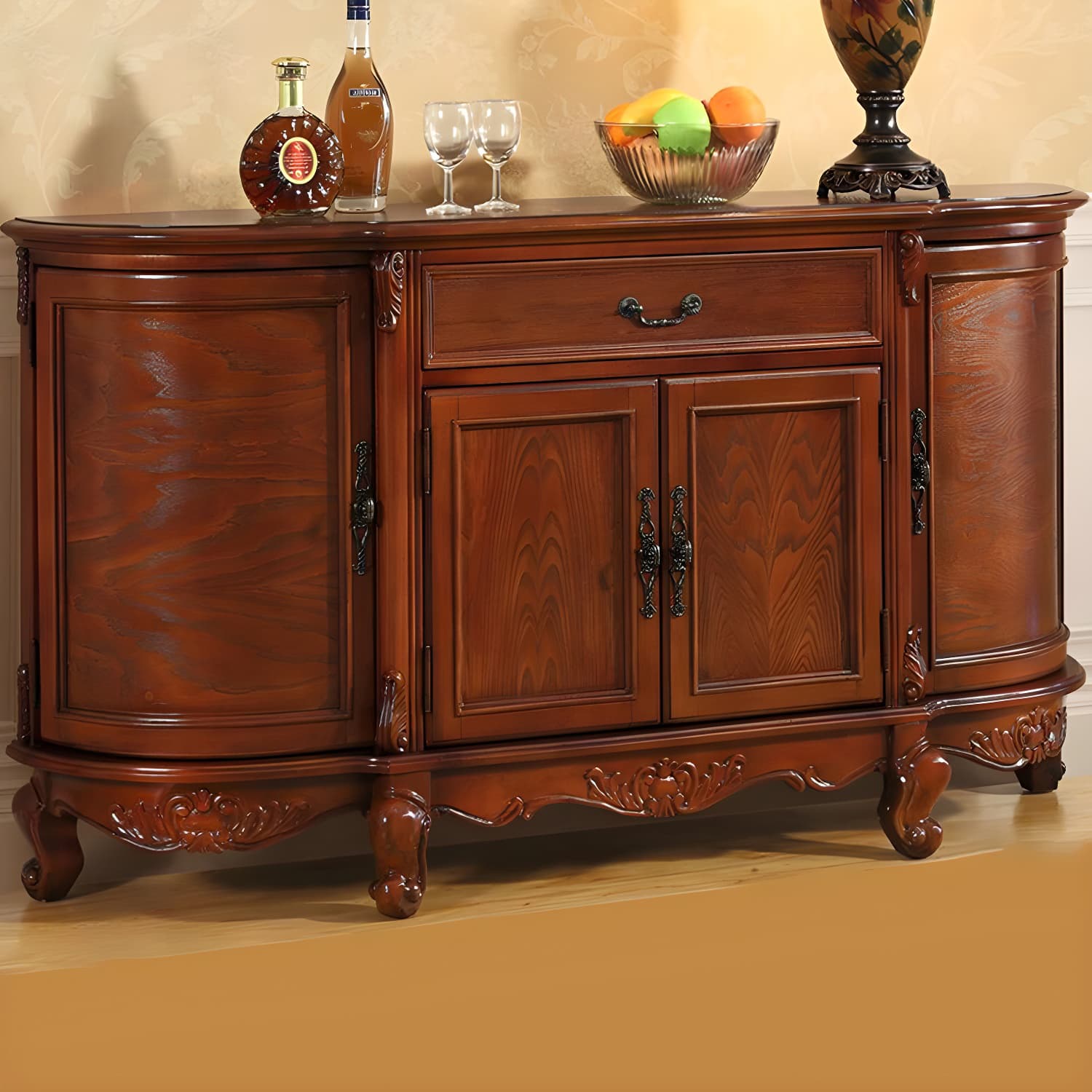 Traditional Style Wood Sideboard Credenza with 4 Cabinets and Drawers and 3 Interior Shelves