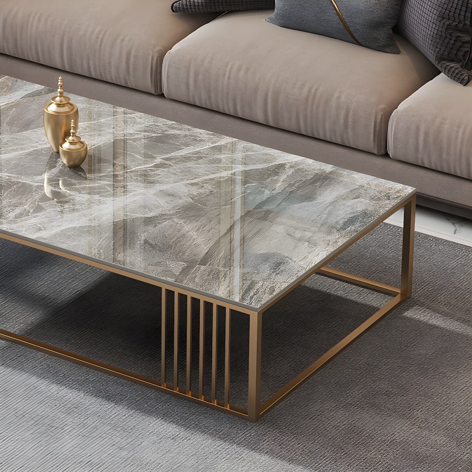 Glam Style Gold Iron Frame Coffee Table Gray Slate Table Top Coffee thumbnail 7
