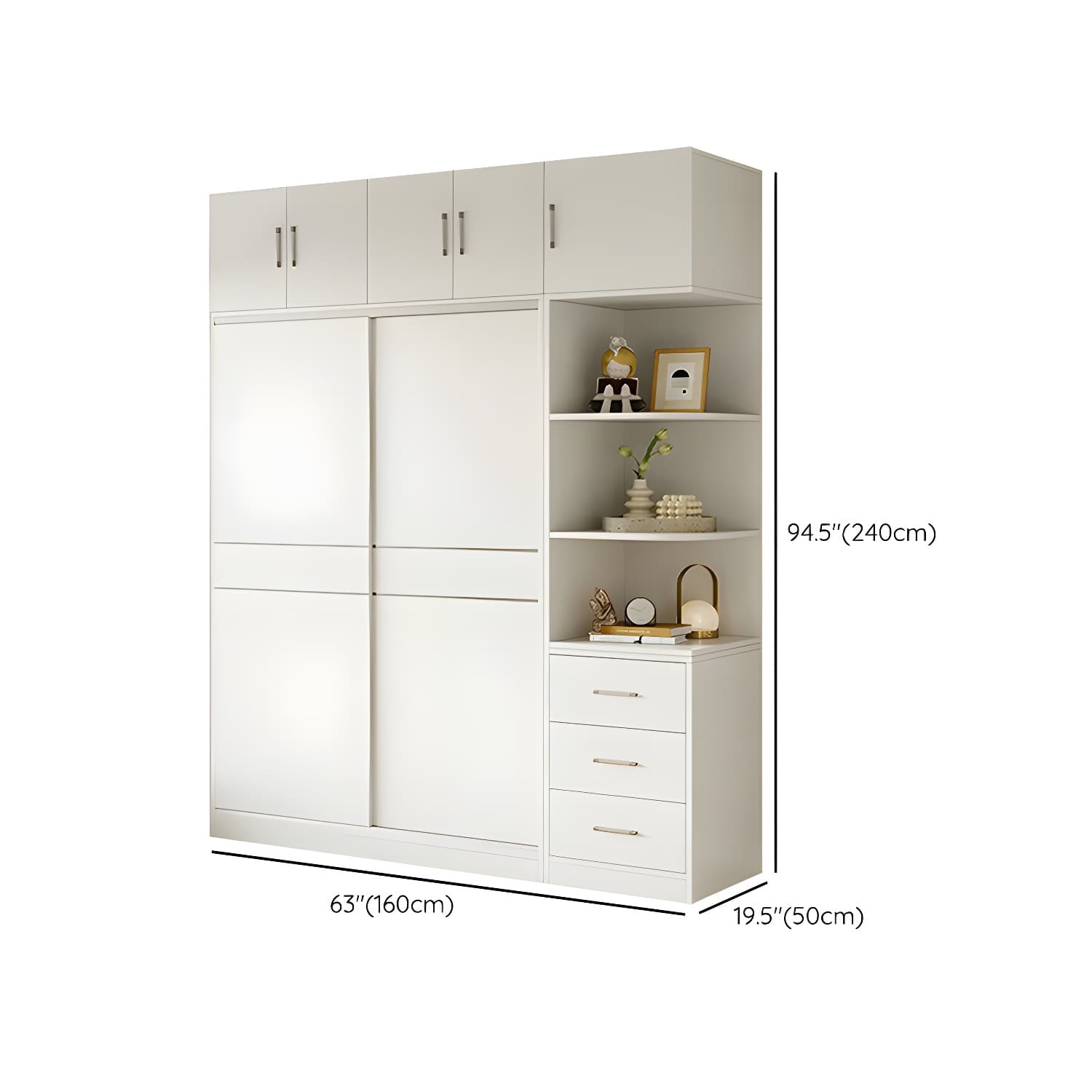 Modern White Wood Wardrobe Armoire with Sliding Doors, Shelves, and Soft Close Drawers thumbnail 32