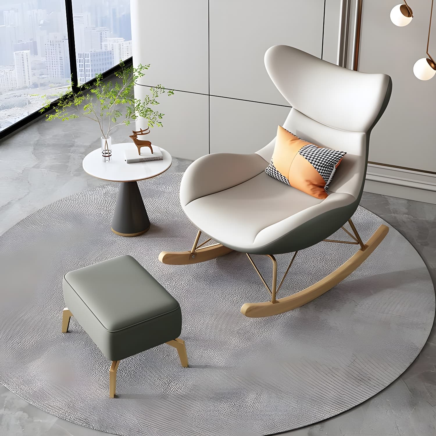 Modern Non-Scratch Armless Indoor Solid Wood Faux Leather Rocking Chair thumbnail 17