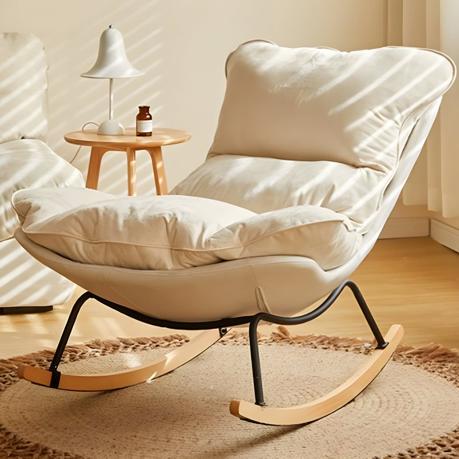Stylish and Comfortable Modern Upholstered Rocking Chair with Natural Wood Legs thumbnail 4