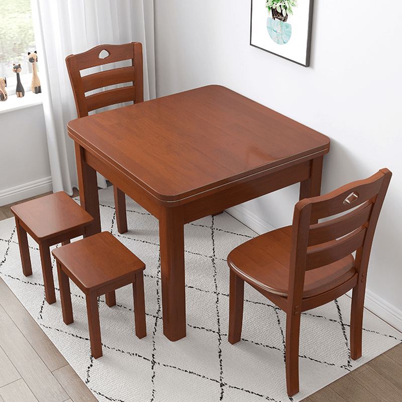 Square Fixed Dining Table Set with 4 Legs, a Wood Tabletop in Natural/Auburn/White, Back Chairs and Stool in a Simple Style thumbnail 1