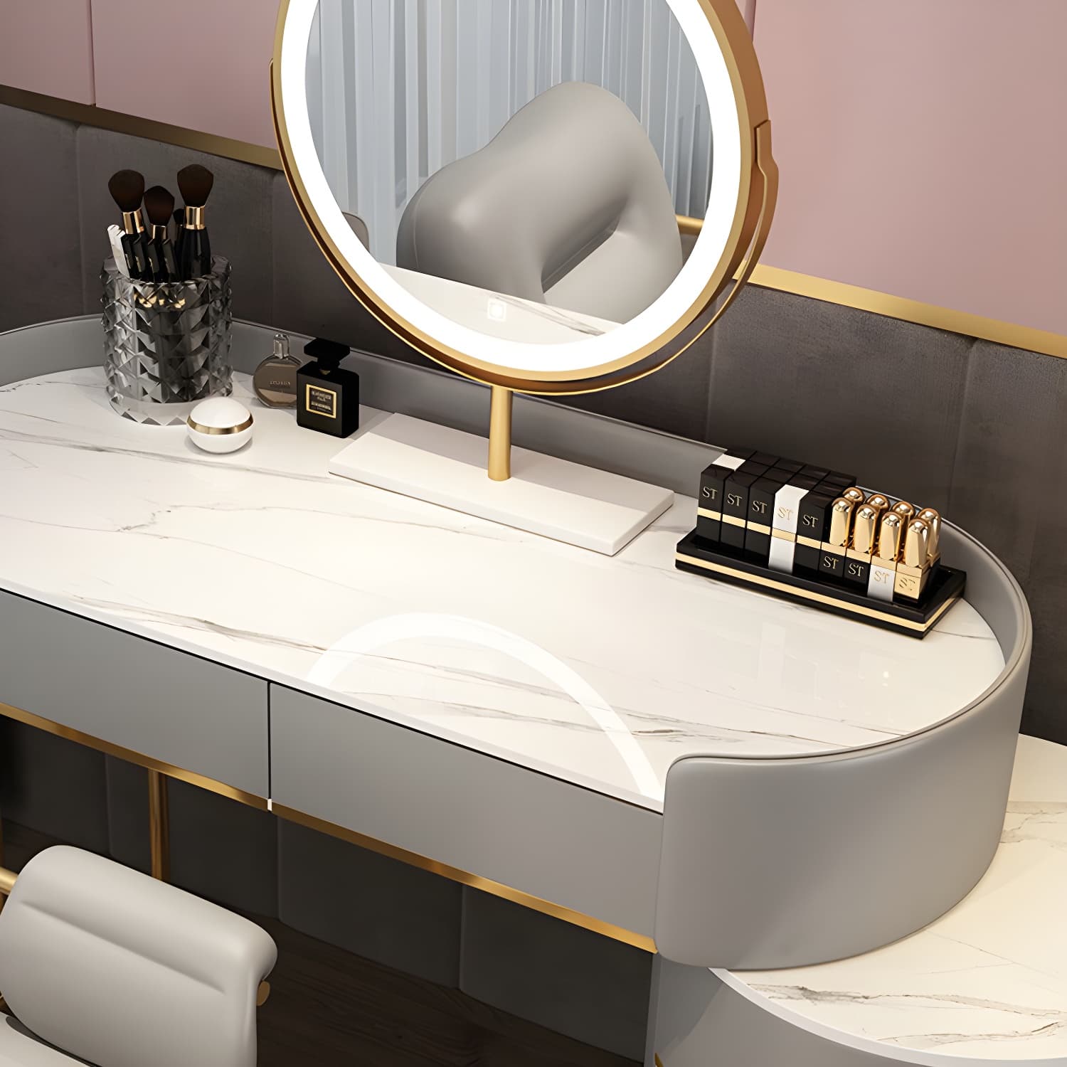 Contemporary Bedroom Metallic Lighted Mirror With Drawer Makeup Vanity Set thumbnail 13