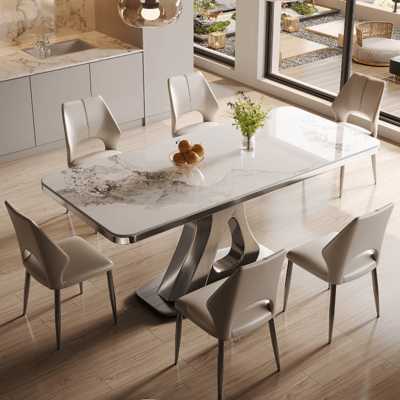 Dining Table Set with Slate Stone Top, Stump Base, Fixed Table, Padded Chair with Back in White thumbnail 5