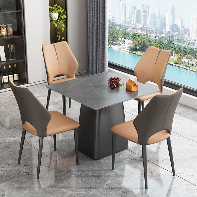 5-piece Square Slate Dining Table Set with Stump Base, Upholstered Back, Padded Chair for 4 People thumbnail 1