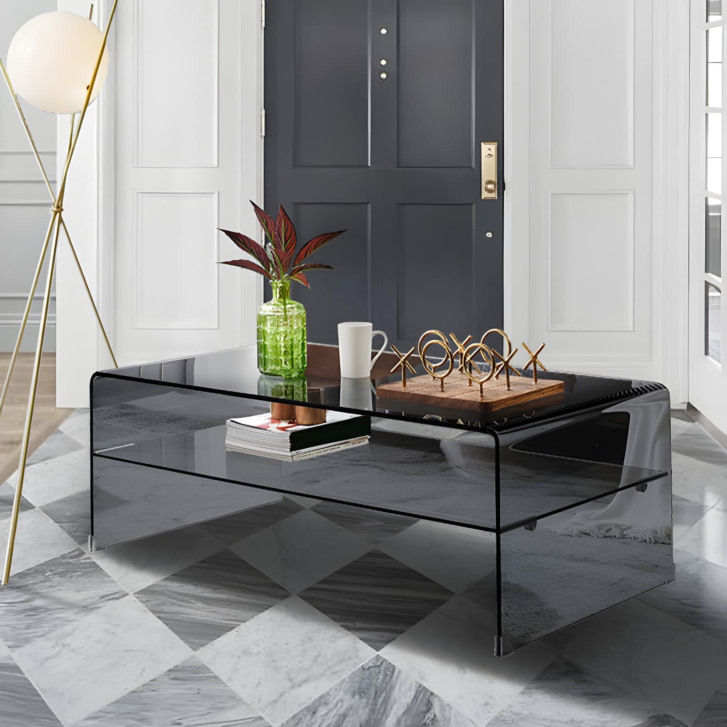 Modern Rectangle Glass Coffee Table Sled Base Cocktail Table with Shelf thumbnail 3