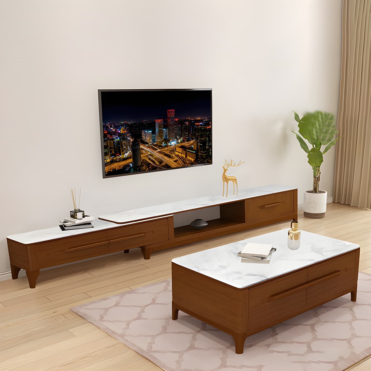 2 Drawers TV Console Modern Stone Media Console with Splayed Wooden Legs thumbnail 6