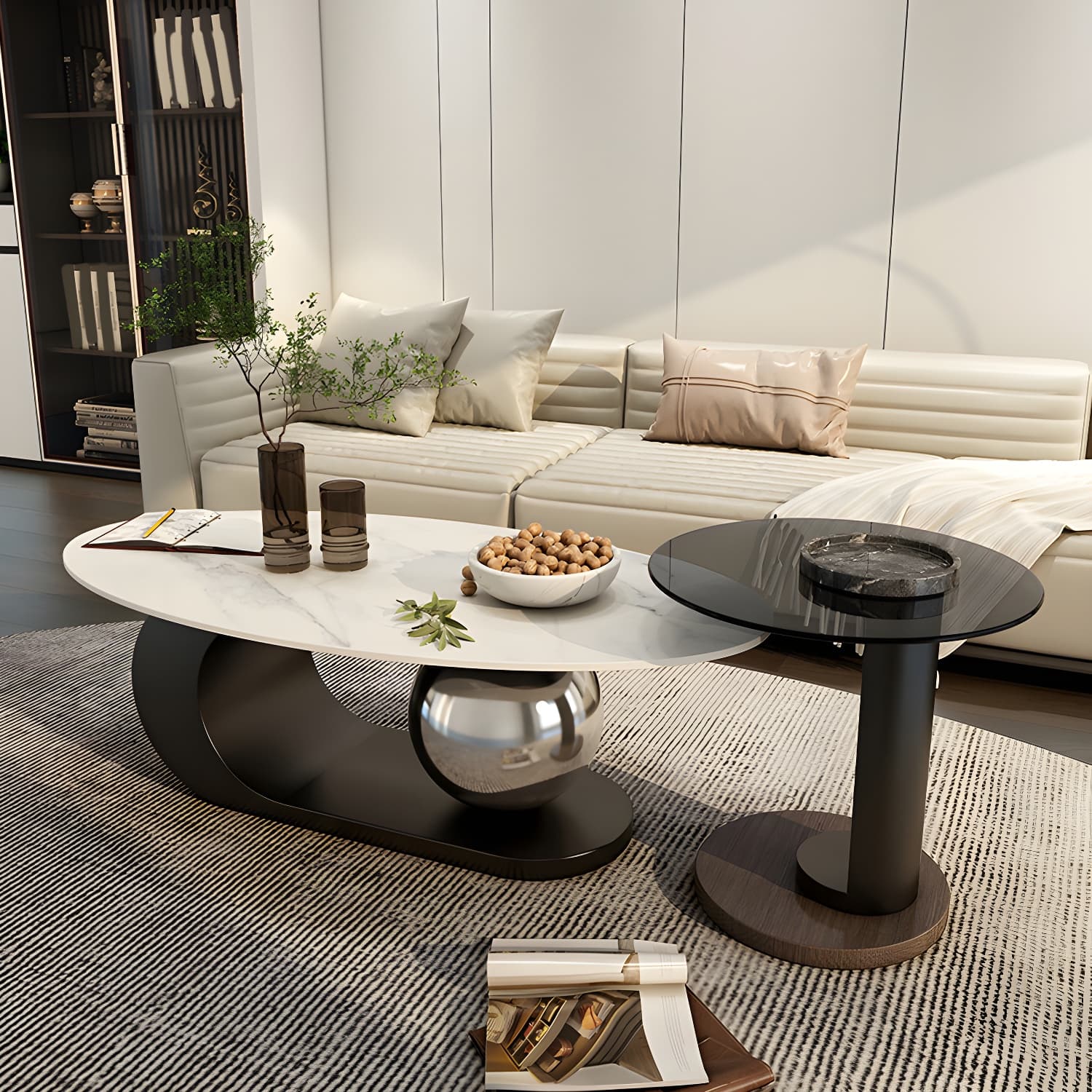 14"H Glam Coffee Table Slate Oval Pedestal Coffee Cocktail Table thumbnail 5