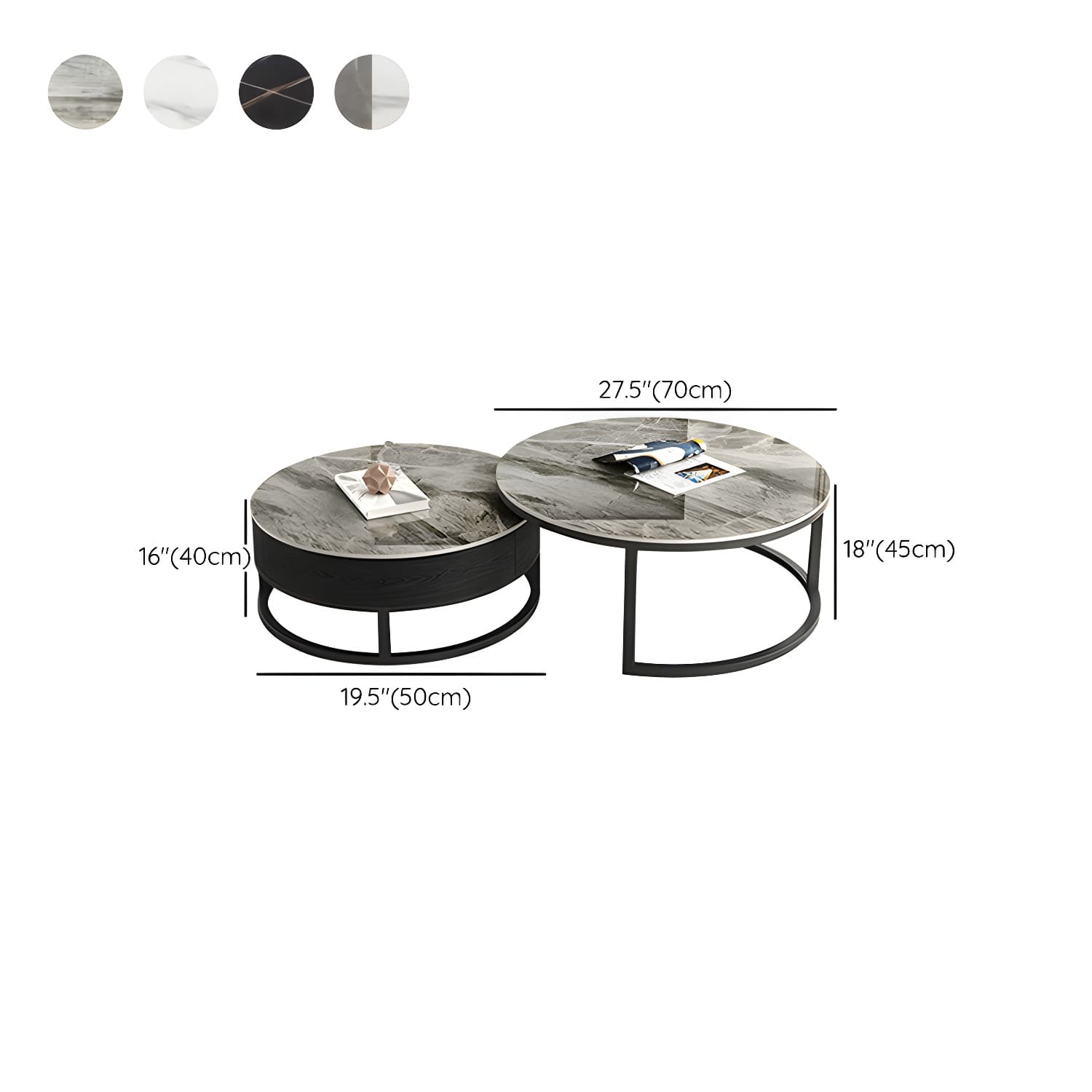Set of 2 Round Stone Top Modern Nesting Tables with Black Metal Frames and Drawers Included thumbnail 14
