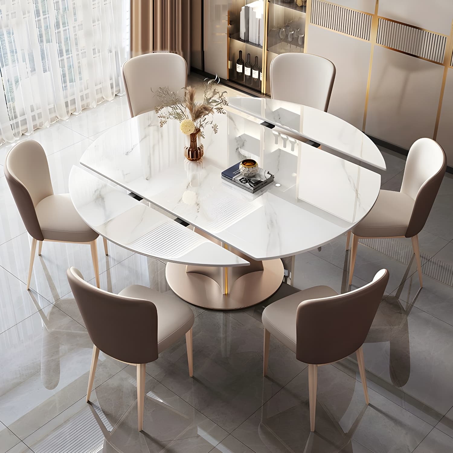 Glam Round Dining Set with Gold Pedestal Base and Self-Storing Leaf - Extension Feature thumbnail 2