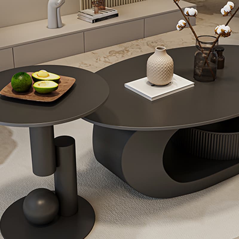 Modern Oval Stone Top Coffee Table, Abstract Iron Base, Scratch Resistant thumbnail 13