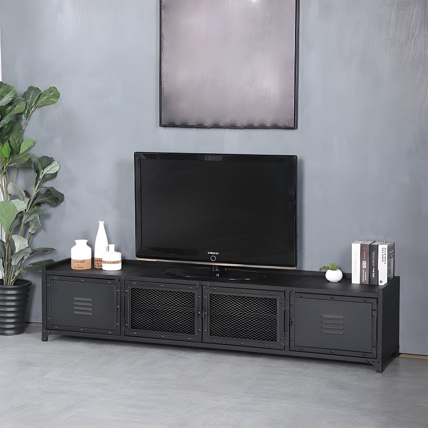 Industrial Style Metal TV Stand Black Colour Enclosed Storage TV Console with Cabinet thumbnail 2