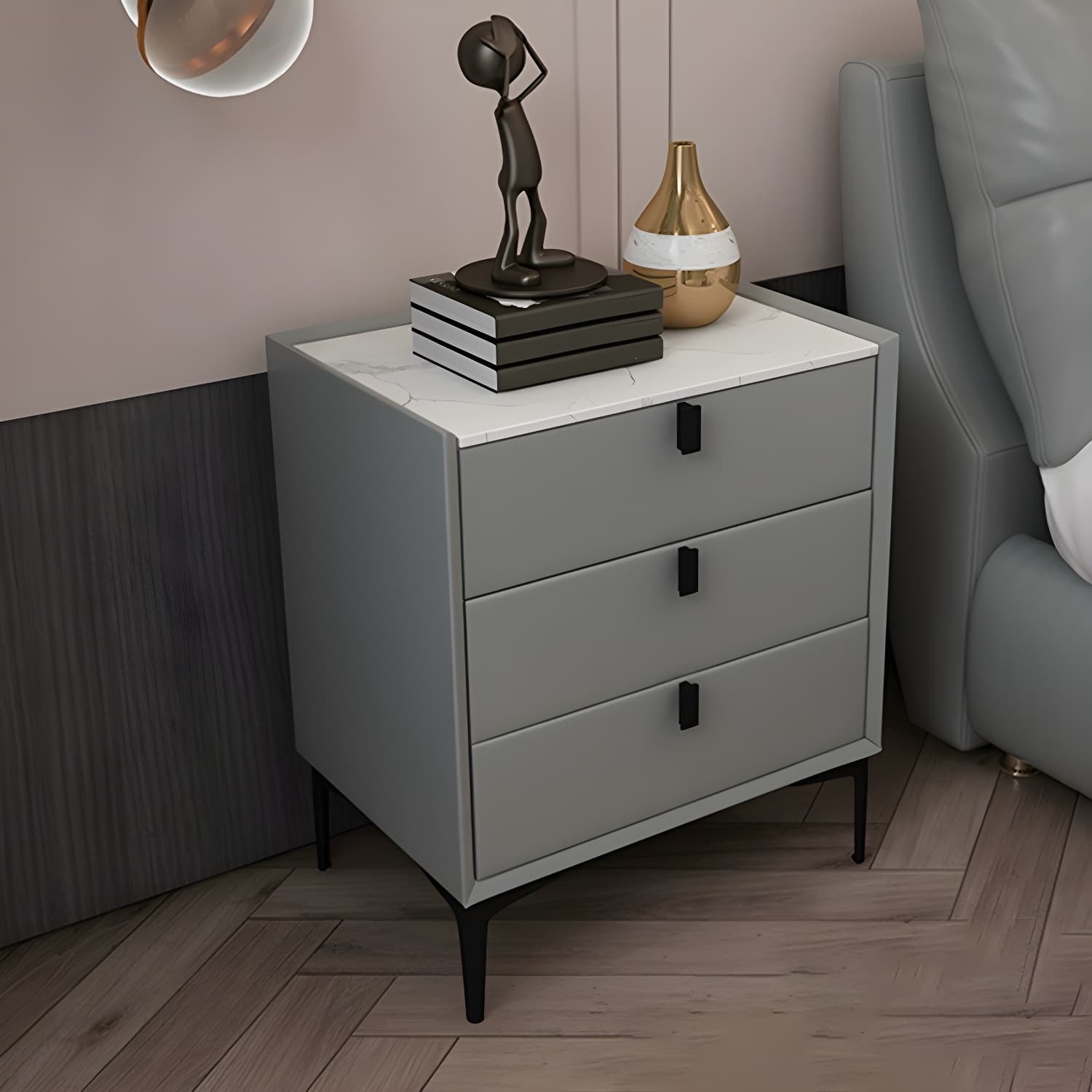 Glam Style Sintered Stone Top 3 Drawers Nightstand for Bedroom thumbnail 10