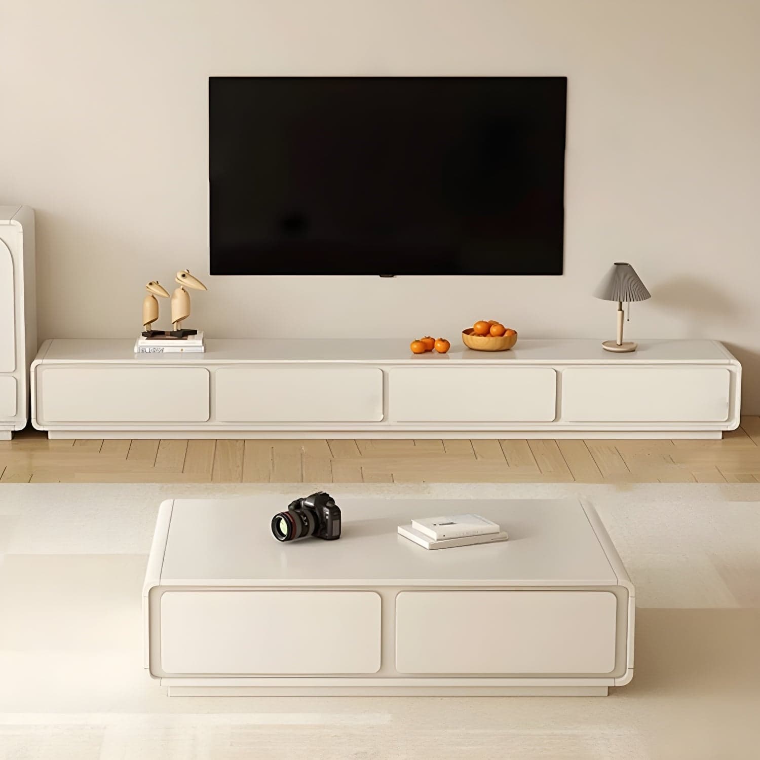 Beige Modern TV Stand with Soft Close Drawers - Cable Management - No Assembly Required thumbnail 3