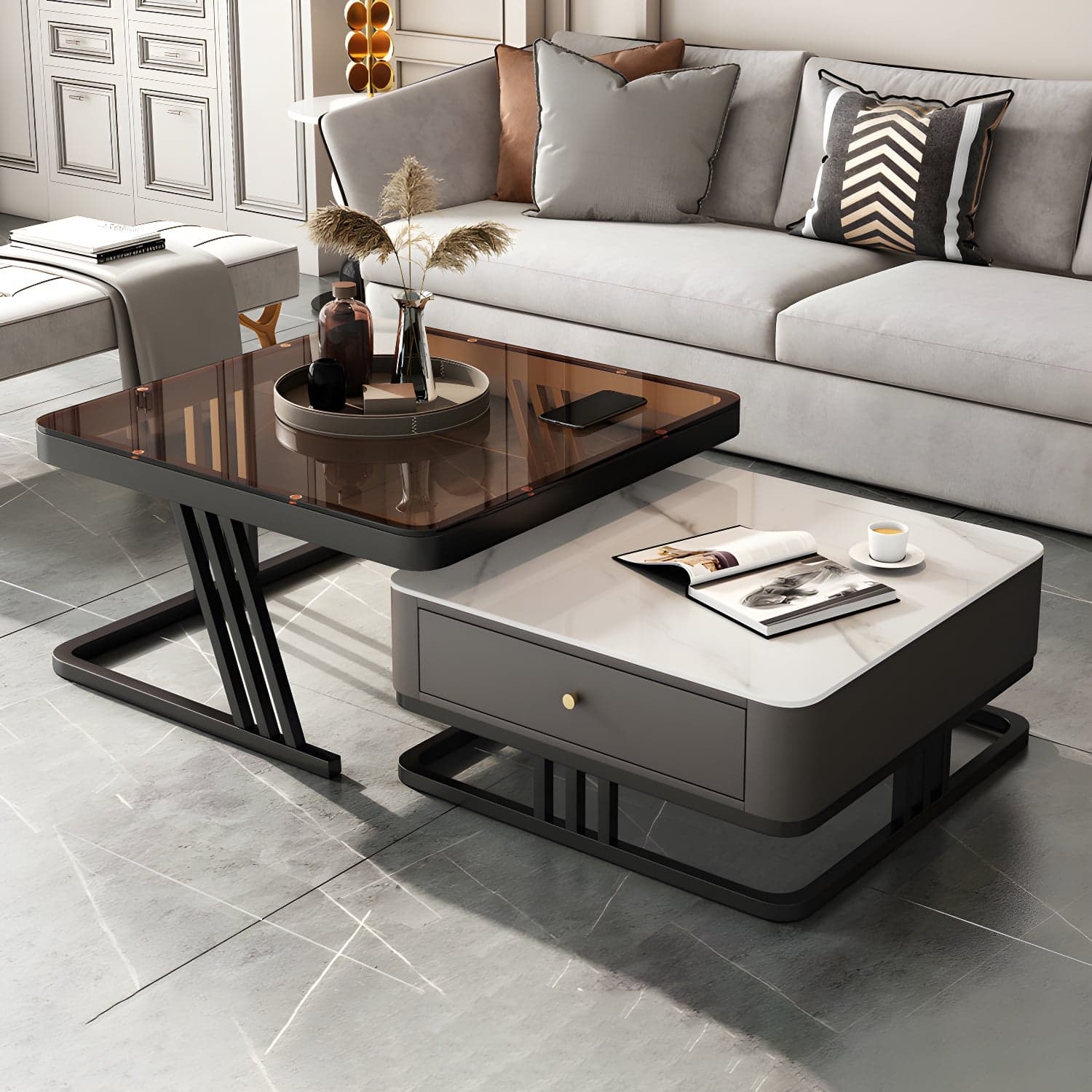 Modern Round Glass / Slate Cocktail Table Steel Frame Coffee Table with Drawer thumbnail 5