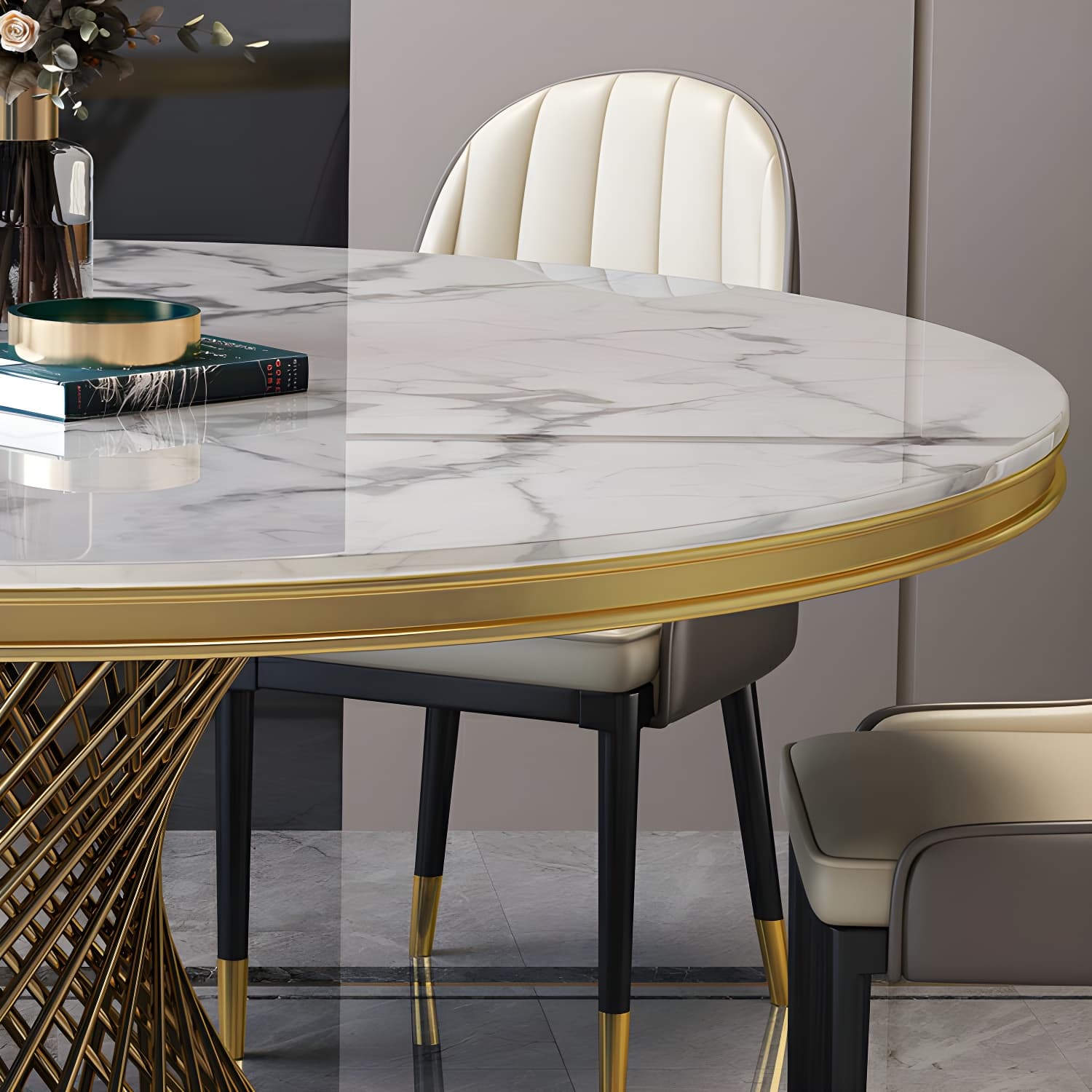 1/5/7/9 Pcs Dining Set with Round Marble Table and Padded Chairs thumbnail 8