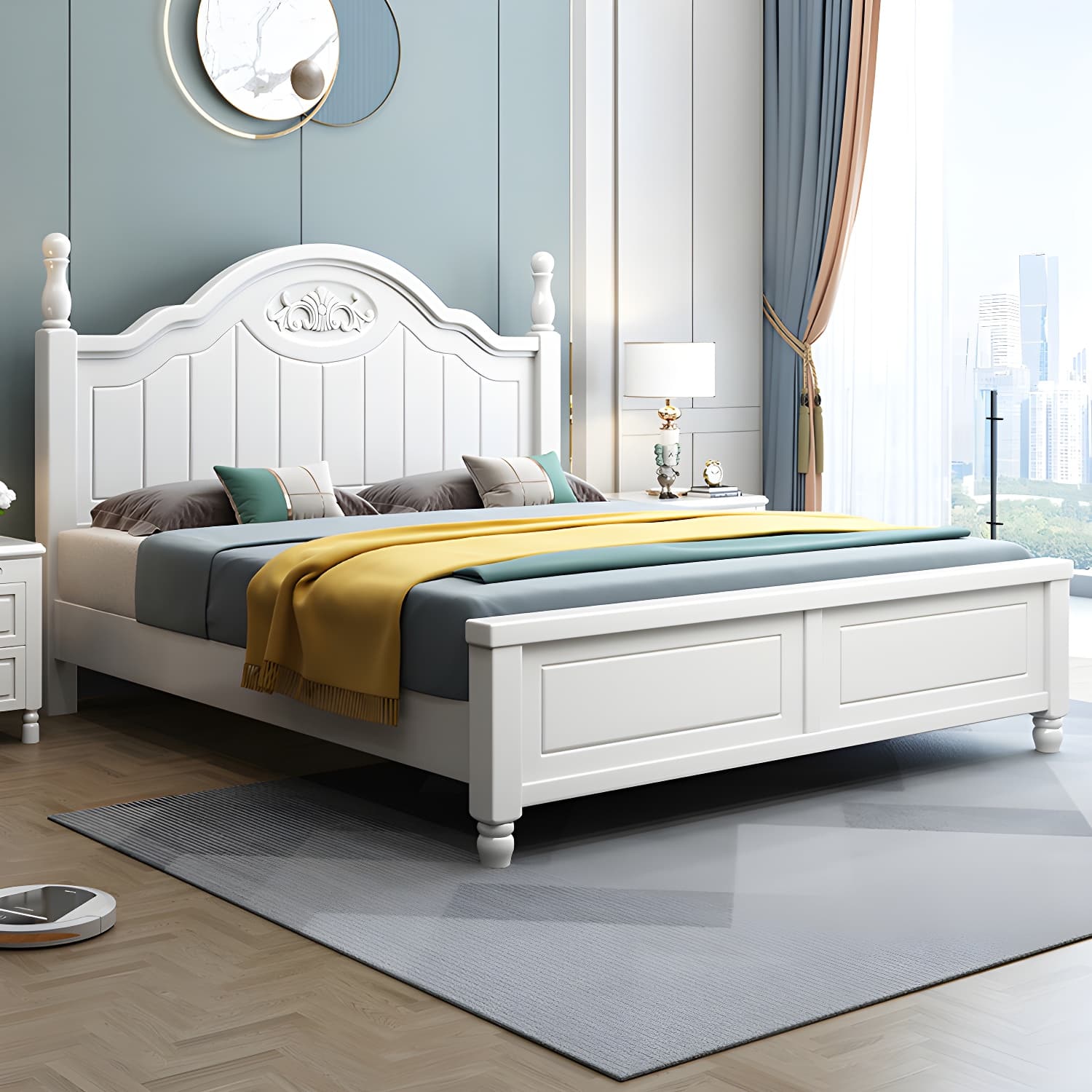 French Country Bed 83.46" Long Bed with Arched Headboard in White thumbnail 3