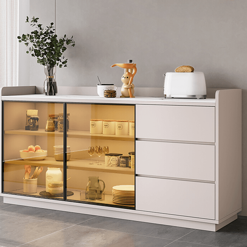 Simple Sideboard with 3 Drawers, Hutch Cabinets, Standard/Narrow/Wide Sizes, 1 Shelf, Sintered Stone Countertop, and 2/3/Single Doors thumbnail 4