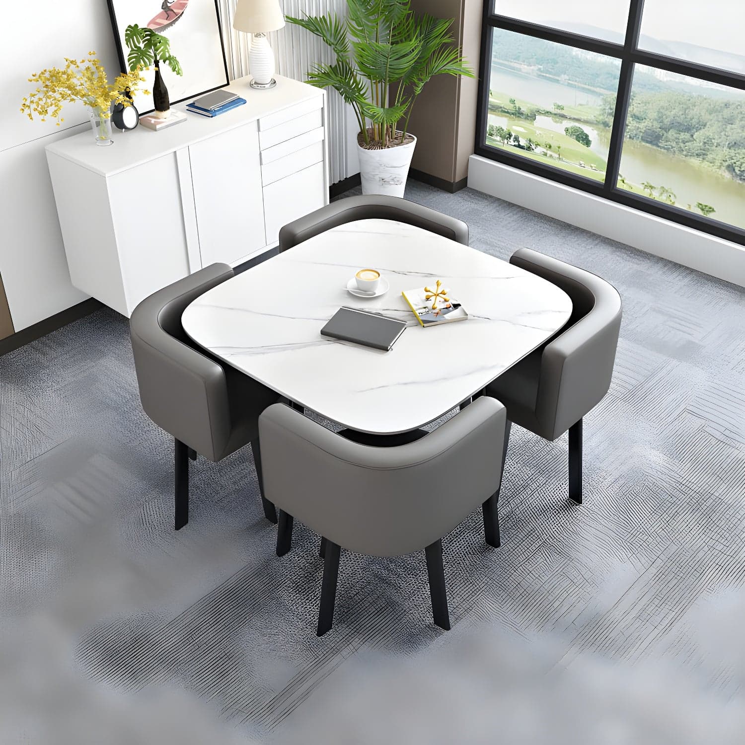 5 Piece Square Shape Sintered Stone Top Dining Room Table Set