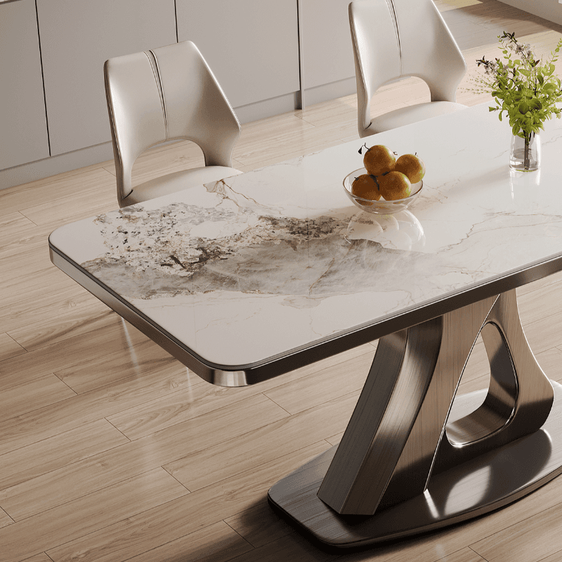 Dining Table Set with Slate Stone Top, Stump Base, Fixed Table, Padded Chair with Back in White thumbnail 7