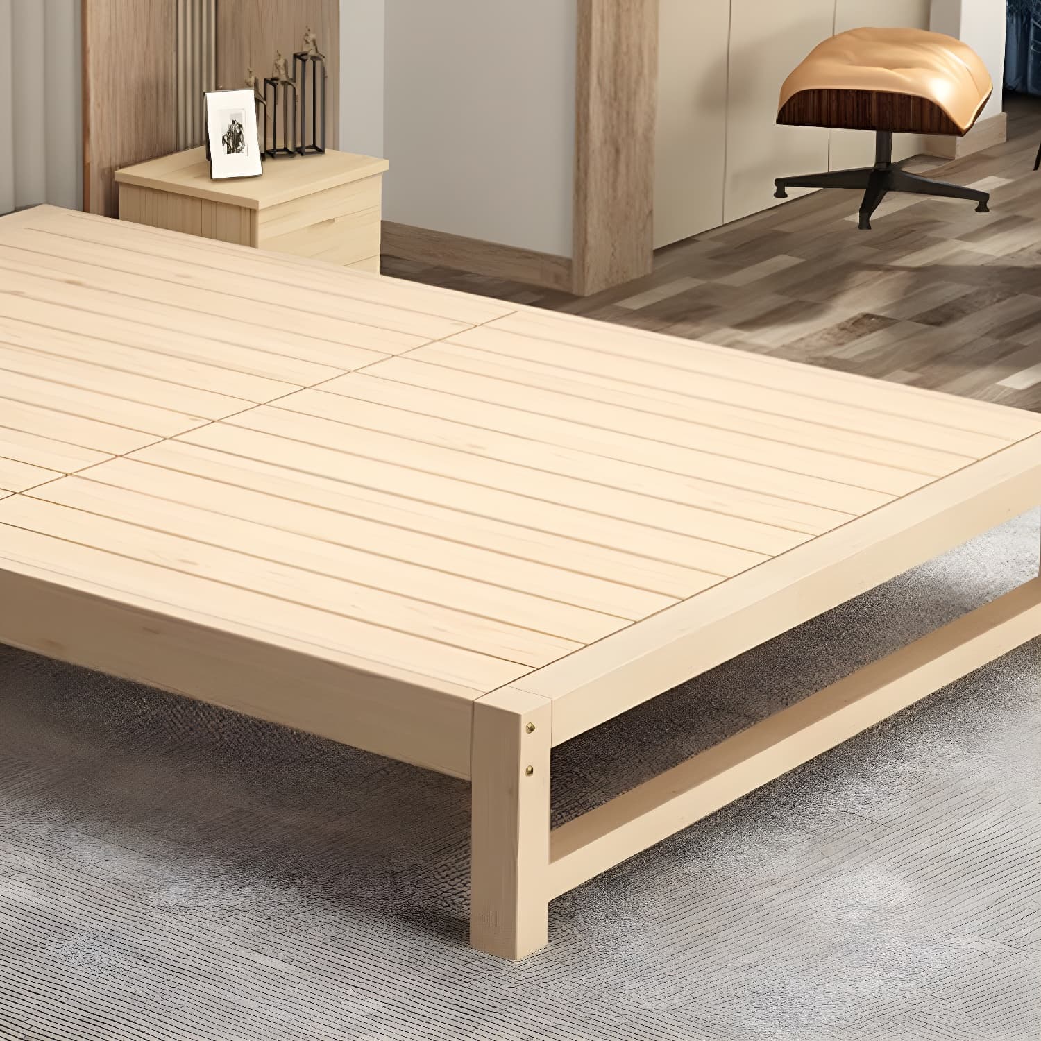 Solid Wood Modern Platform Bed Natural without Headboard and Storage Space thumbnail 8
