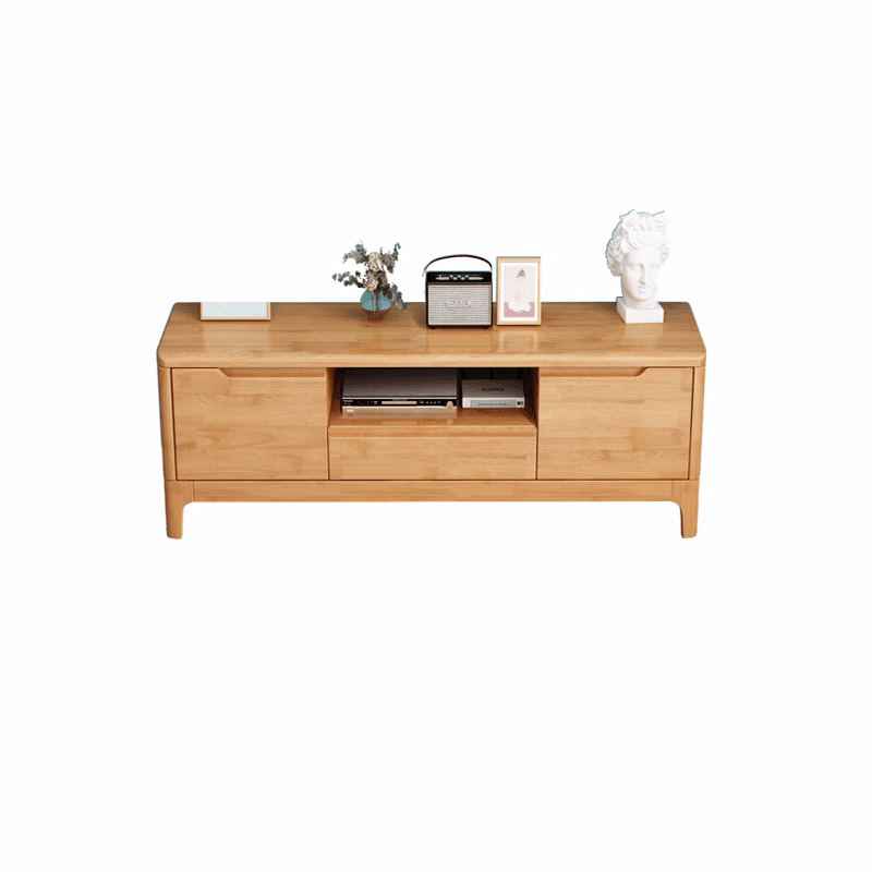 Art Deco Natural Wood TV Stand with 2 Drawers, 2 Cabinets, and Visible Storage thumbnail 1