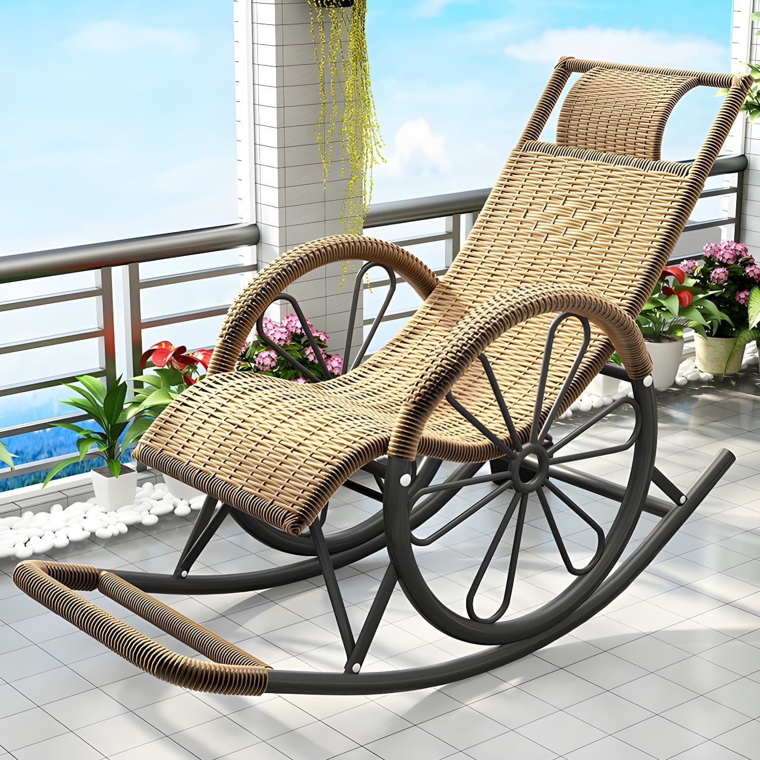 Modern Spindle Rattan Rocking Chair Metal Frame Wheel Handrail Design Rocker Chair thumbnail 2