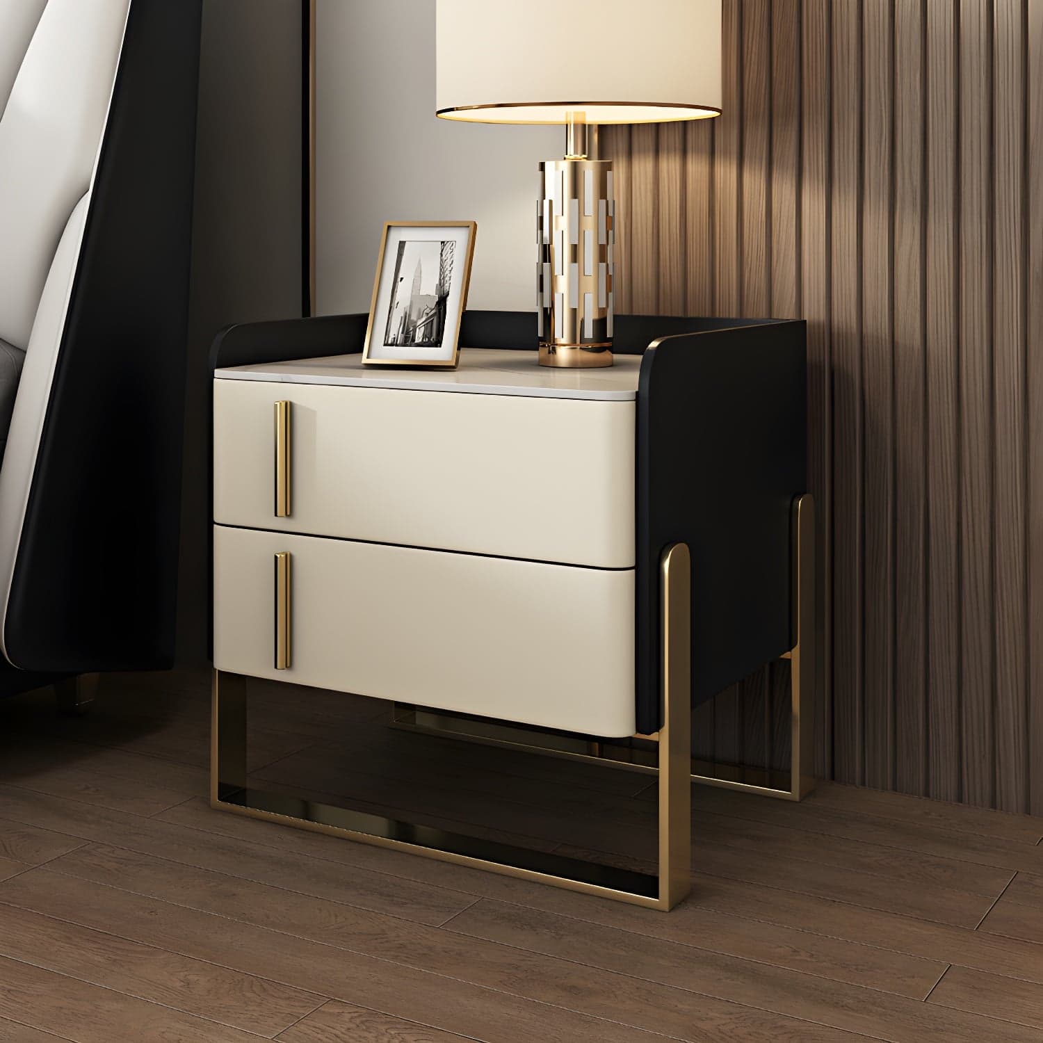 Glam Nightstand with 2 Drawer 20-inch Tall Leather Night Table thumbnail 3