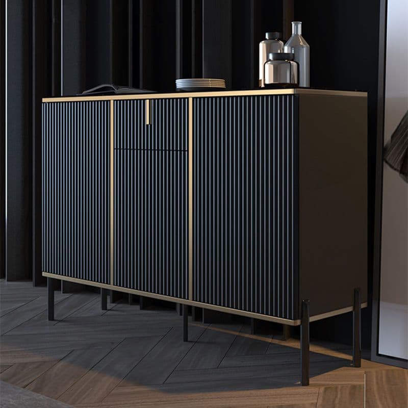 Black Floor Freestanding Sideboard in Wood with Glass Countertop and Kitchen Appliance Storage for Living Room in a Trendy Style