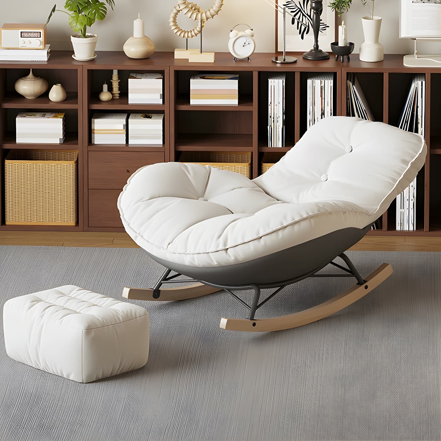 Contemporary Upholstered Rocking Chair with White Tufted Flannel Cushion and Solid Wood Legs thumbnail 16