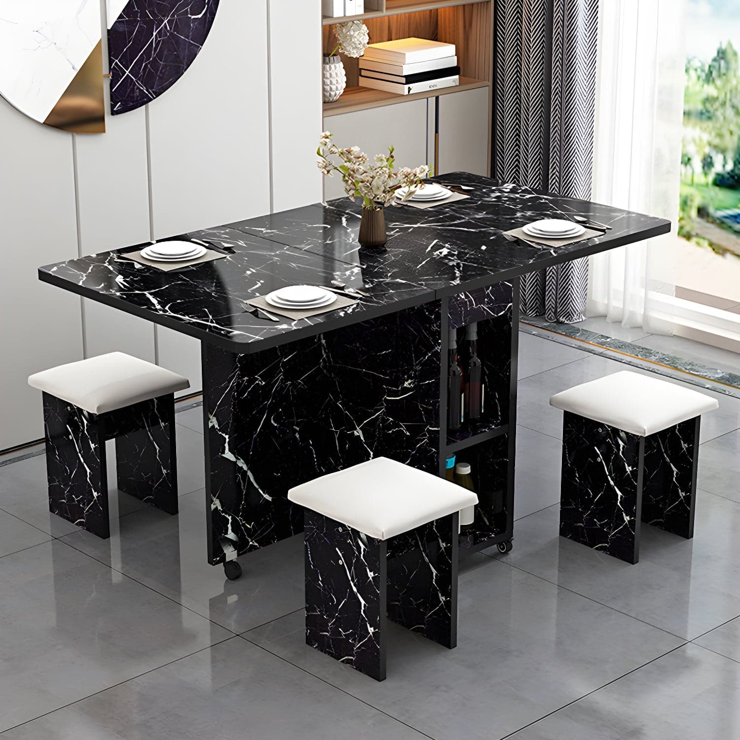 5-Piece Modern Wood Dining Set with Rectangle Table and White Backless Stools thumbnail 1