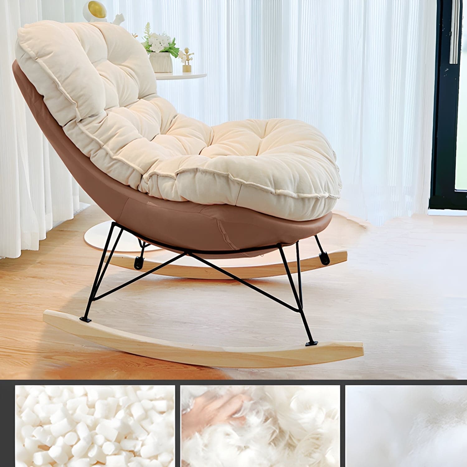 Modern Tufted Upholstered Rocking Chair with Natural Wood Legs thumbnail 1