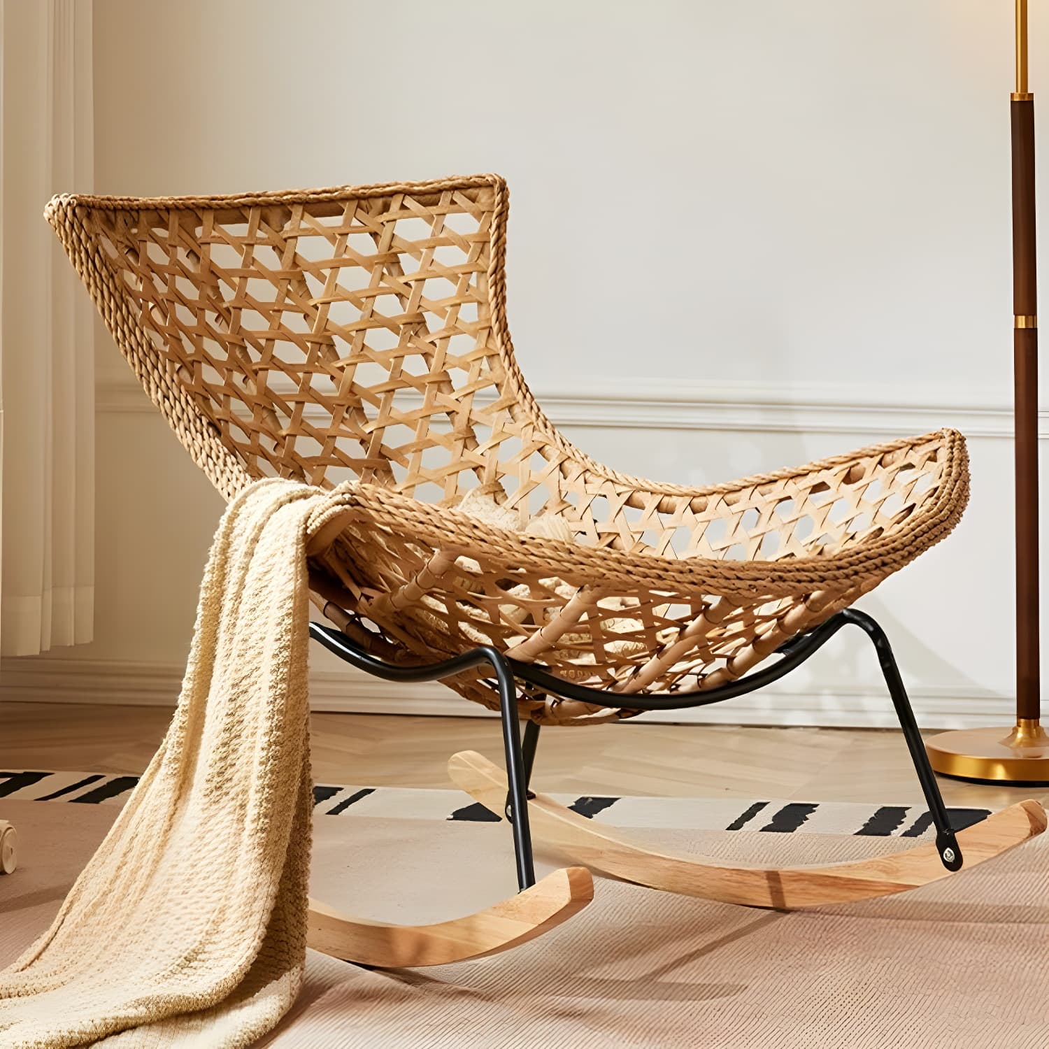 Traditional Armless Design Indoor Rocking Chair with rattan Frame and Nature Wood Legs thumbnail 9