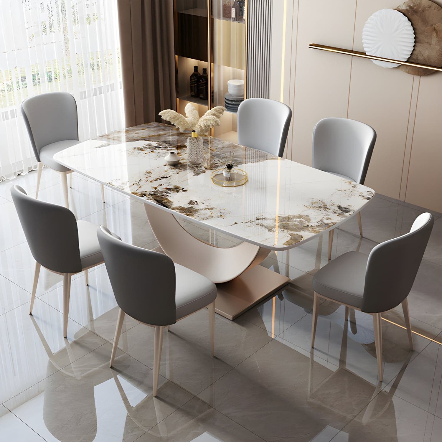Contemporary Stone Top Dining Table with Metal Pedestal Base thumbnail 3